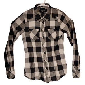 FOX Racing flannel shirt womens M Medium black check plaid long sleeve button